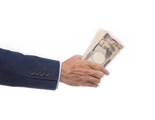 Businessman hand holding Japanese banknote