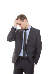 body language. man in business suit isolated on white background. Cotton forehead. recognition...