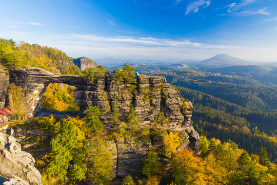 Pravcicka Gate in autumn colors, Bohemian Saxon Switzerland, Czech Republic
