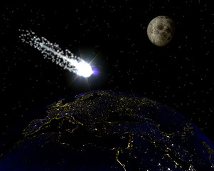 Komet vor Erde bei Nacht
