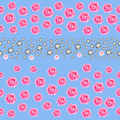 Seamless scattered gems, rhinestones, pearls & roses isolated on