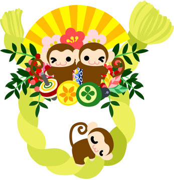 Pretty monkeys and luxurious New year wreath
