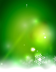 Christmas green abstract background with white transparent snowflakes