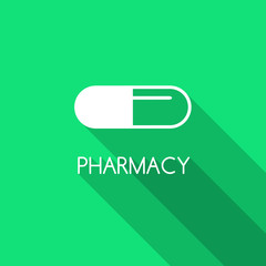 Pharmacy background. Capsule icon on green background. Capsule pill with PHARMACY text. Flat style design illustration with capsule.