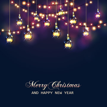 Christmas card with festive garland lights and light bulbs. Vector illustration