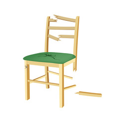 Broken wooden chair with green seat