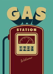 Vintage Gas Station poster design. Retro vector illustration.