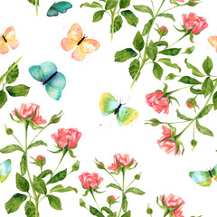 Seamless watercolor background pattern with roses and butterflies