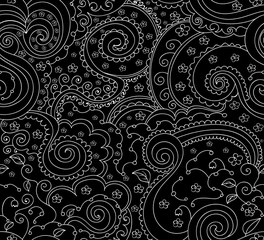 Abstract vector seamless pattern with ornamental curling lines, doodles, plants, leaves and flowers. Endless decorative texture