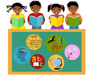 African-American children with books in their hands near a schoo