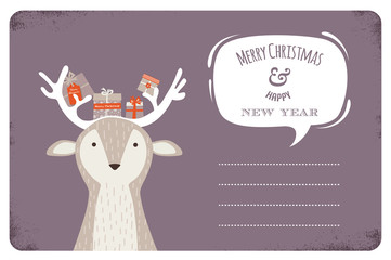 fun Christmas illustration of deer bearing gifts with bows ribbons and tags