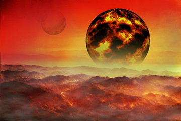 fantastic collage fiery planet on a red sky
