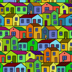 Cute small colorful houses. Vector seamless pattern