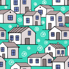 Cute small white houses. Vector seamless pattern
