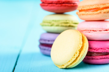 French Macaroons On Blue Background