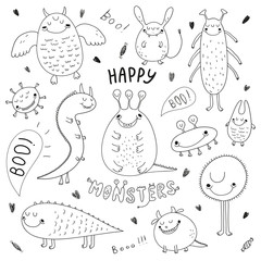 vecor halloween set with happy hand drawn monsters