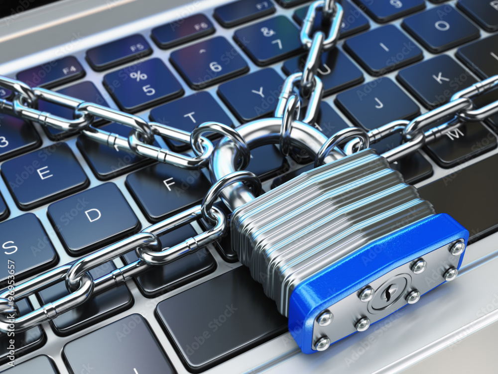 Poster computer security or safety concept. laptop keyboard with lock a