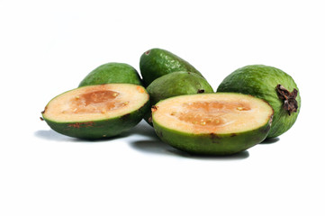 Feijoa with leaves on a white background