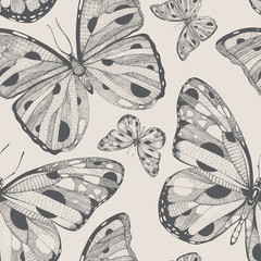 hand drawn vector seamless pattern with butterflies - obrazy, fototapety, plakaty