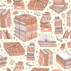 vector hand drawn seamless pattern with books - obrazy, fototapety, plakaty