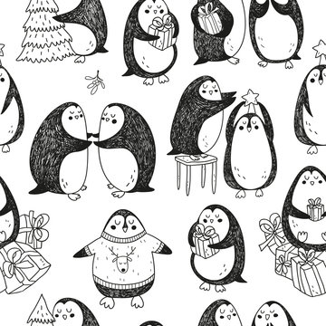 vector christmas seamless pattern with hand drawn penguins