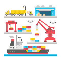 Flat design cargo port equipment - obrazy, fototapety, plakaty