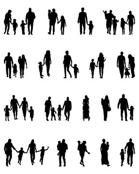 Black silhouettes of families in walk, vector