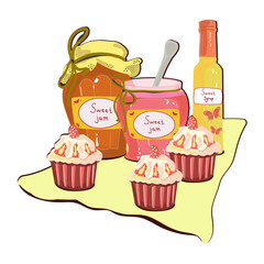 Cupcakes with jam jars and syrup on napkin