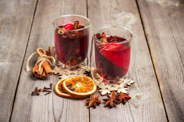 Christmas mulled wine on a rustic wooden table