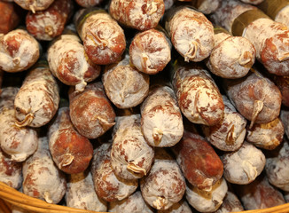 many salami and sausages for sale in the local market