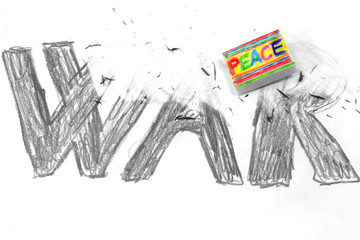 Eraser with flag PEACE deletes the black written WAR