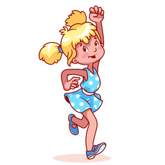 Very happy blonde girl in blue dress on a white background.