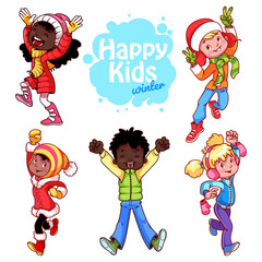 Very happy kids in winter clothes.