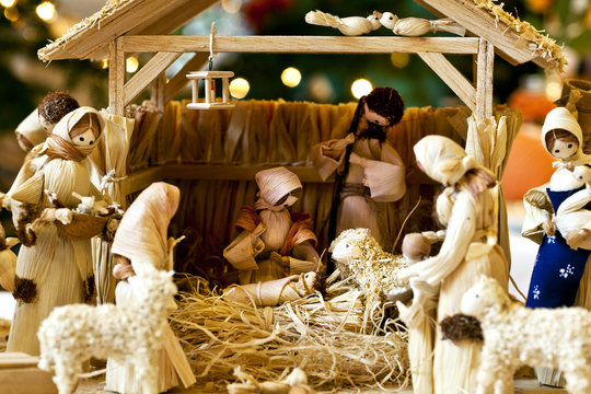 Nativity scene with hand-made figures made out of hayl and corn