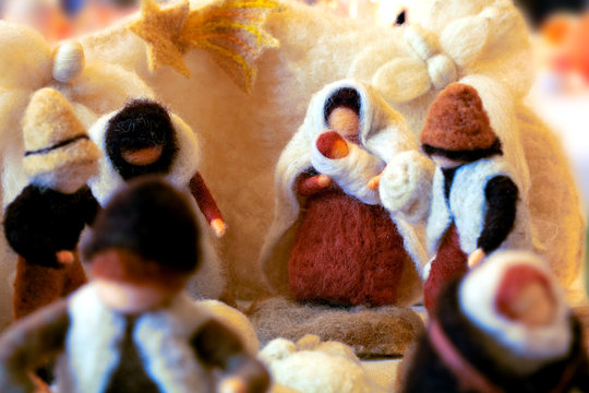 Nativity scene with hand-made figures made out of wool. Photo ta