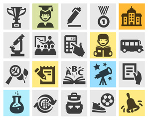 school, education set black icons. signs and symbols