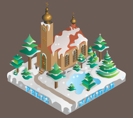 Church in winter time. Isometriv view.Vector illustration.