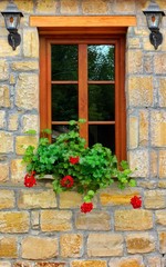 Fototapeta na wymiar Modern Wood Window in Old Wall