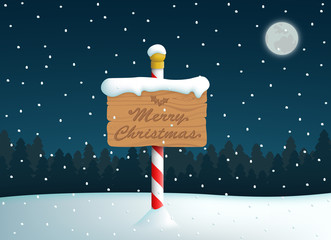 Merry Christmas Logo Wooden Sign On Pole With Snow Fall Background