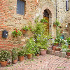Fototapeta na wymiar flowers in vase's i yard of tuscany city in Italy