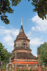 Old Pagoda with blue sky background in Wat Lok Moli Temple , Bud