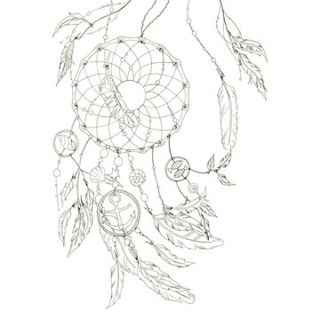 Dream catcher with items from the sea and feathers. Vector.