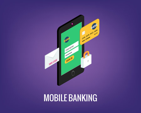vector illustration of mobile banking with user interface. Phone, lock and credit card