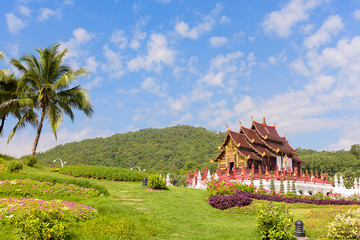 Landscape of pagoda in the green garden with mountain background