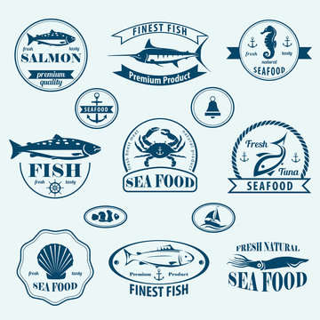 seafood retro emblems and labels set