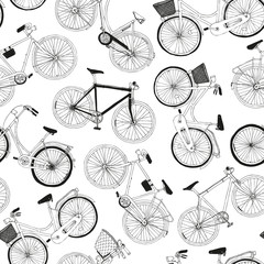 hand drawn vector seamless pattern with city bikes