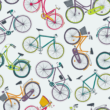 hand drawn vector seamless pattern with city bikes