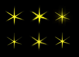 Set of six glowing stars on a black background isolated. Vector illustration. Eps 8
