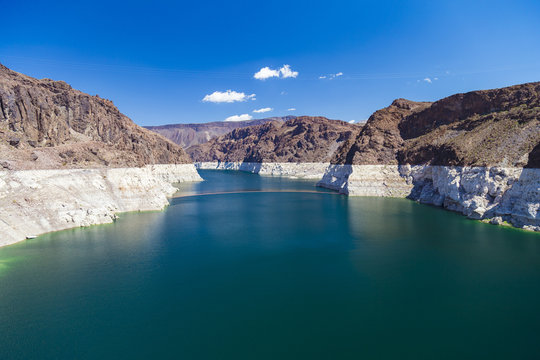 View over the lake in front of Hoover Dam at Arizona-Nevada border, USA
