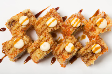 American warm crunch roll sushi.